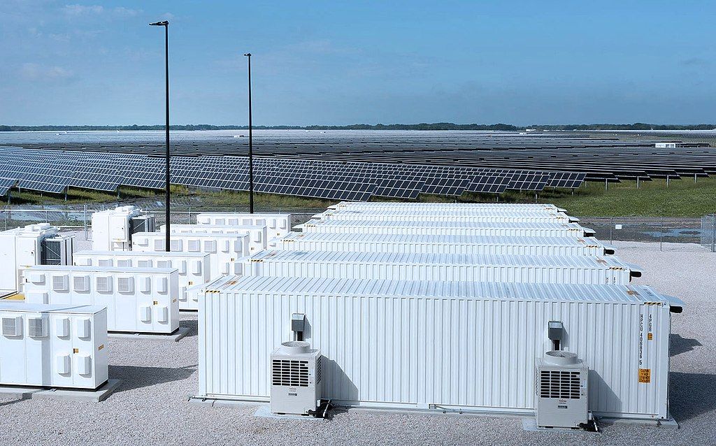Battery storage equipment used to illustrate a report comparing utility-scale storage and gas costs