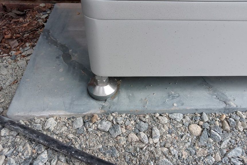 Concrete base beneath a home battery with cracks shown in a photograph supplied to ABC by Adrian Goodfellow